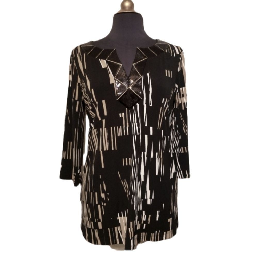 Dana Buchanan Top Tunic Women Small Black Geometric Print Stretch Relaxed